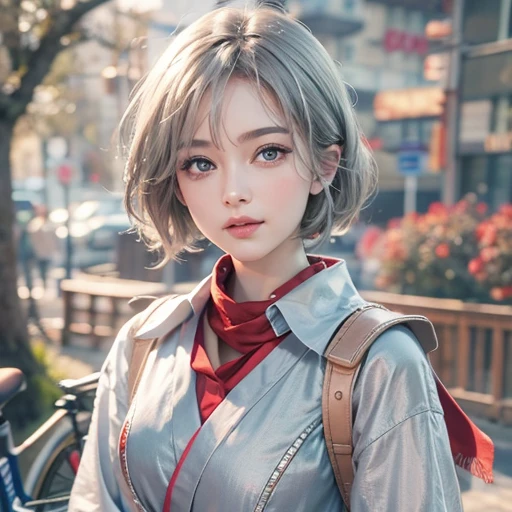 (masterpiece:1.3), (8k, Realistic, RAW Photos, Best image quality: 1.4), Fair-skinned fairy woman、short hair、Cleavage:2.0、Highly detailed face、Attention to detail、double eyelid、Sharp focus:1.2、Beautiful woman:1.4、Silvery white hair、highest quality、masterpiece、Ultra-high resolution、(Realistic:1.4)、Highly detailed and professionally lit smiles、Loose, Light, Wear a Japan high school uniform:1.5、Red scarf、 one person、whole body,Cycling through Japanese cities、