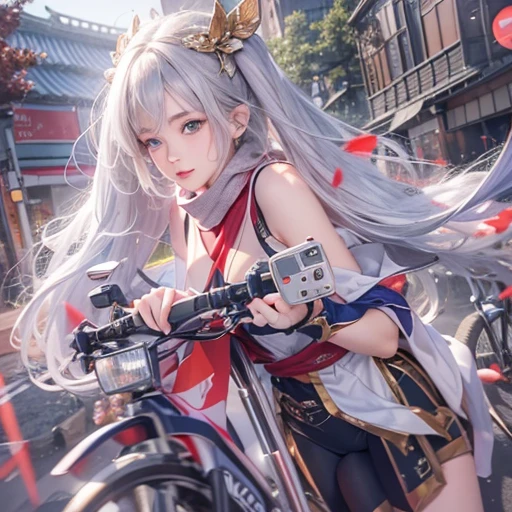 (masterpiece:1.3), (8k, Realistic, RAW Photos, Best image quality: 1.4), Fair-skinned fairy woman、short hair、Cleavage:2.0、Highly detailed face、Attention to detail、double eyelid、Sharp focus:1.2、Beautiful woman:1.4、Silvery white hair、highest quality、masterpiece、Ultra-high resolution、(Realistic:1.4)、Highly detailed and professionally lit smiles、Loose, Light, Wear a Japan high school uniform:1.5、Red scarf、 one person、whole body,Cycling through Japanese cities、