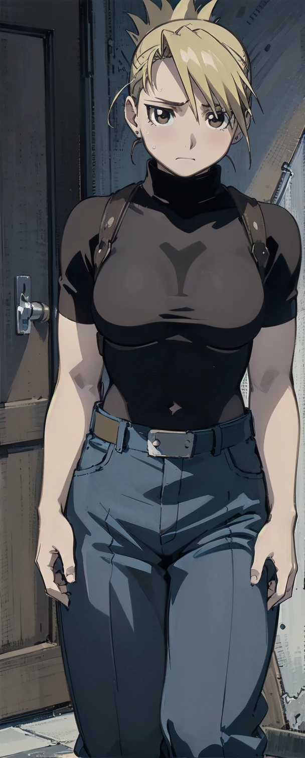 masterpiece, highest quality, High resolution, One Girl, Hamriz, ponytail, Brown eyes,Big  , Black Shirt, Tight shirt, holster, Short sleeve, belt, Covered navel, Blue pants,indoor、Upper body close-up、Muscular body、blush、Sweat、Composition from the front、anime、((cute、Stand in front))