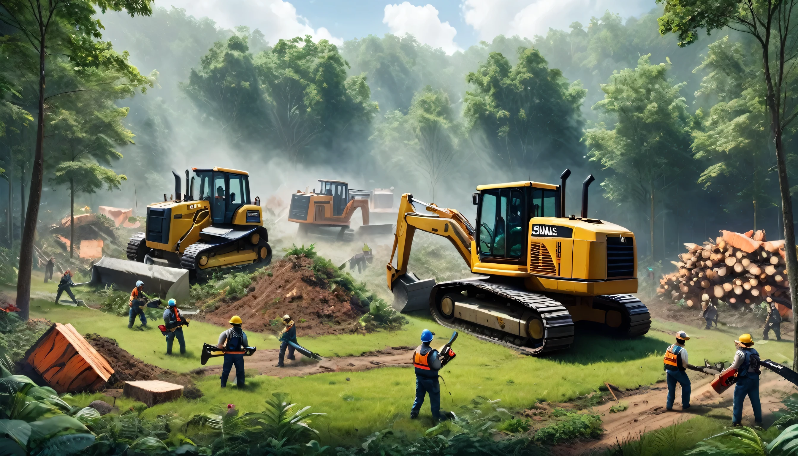 "Illustrate a group of humans with bulldozers and chainsaws clearing a lush forest to make way for a new shopping mall.