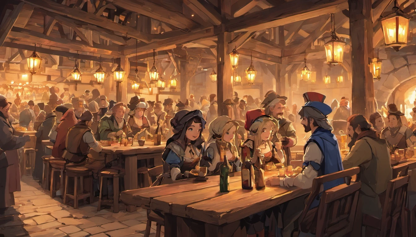 "In a bustling medieval marketplace, an open-air tavern is filled with lively activity as villagers gather to enjoy food and drink. The tavern's wooden structure is adorned with warm lanterns that cast a golden glow over the scene, creating a welcoming and festive atmosphere. Long wooden tables are crowded with patrons, who are engaged in animated conversations and laughter. The bar area is particularly busy, with people ordering drinks and food from the bartenders behind the counter.

The scene is rich with detail: patrons in colorful medieval attire, including hats, cloaks, and tunics, mingle and enjoy the convivial environment. Two women in the foreground, one in a blue dress and the other in a pink dress, are sharing a moment of joy as they toast with their drinks. A man wearing a wide-brimmed hat and a leather vest sits at a table with a mug of ale, seemingly lost in thought.

The background features a stone building with ivy climbing its walls, adding to the charm of the medieval setting. Windows are lit, suggesting the presence of people inside, and the overall ambiance is one of warmth and community. The cobblestone street underfoot adds to the authenticity of the scene, and the light from the lanterns and the setting sun bathes everything in a soft, inviting light.

The marketplace extends beyond the tavern, with more villagers seen in the distance, engaged in various activities such as shopping, chatting, and strolling through the market. The entire scene captures the essence of a lively and close-knit medieval community, where people come together to celebrate and share in the joy of companionship and good times."