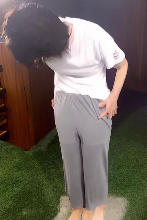 Pee scared, whole body, japanese woman, white t-shirt: 1.2, pajama pants: 1.2, pee stain:1.2, pee:1.2 pee pants:1.2, pee skirt:1.2, wet patch,