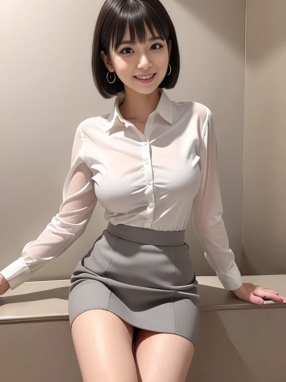 (masterpiece)、(highest quality:1.5)、(16k wallpaper:1.2)、(Photorealistic:1.2)、(Ultra-detailed:1.2)、(Surreal), (High resolution), (Very detailed), (Professional), (Realistic), (Post-processing), (Very detailed),(Sharp focus), Sharp focus:1.2,Photorealistic, Ultra-realistic, Backlight, (Improvement of quality:1.4), Healthy thighs、Narrow waist、Big Ass、(Beautiful legs)、((Perfectly detailed five-fingered hands)),(Anatomically correct body)、((1 female:1.4))、Japanese、Asian、Realistic Skin、(Small chest:1.4),Pretty woman with perfect figure:1.4,(from the front:1.5), (Enhances the beauty of skin texture:1.1), (Beautiful fine details), (Detailed face),Beautiful realistic face,No makeup、美しいBlack Hair、The best smile、Natural color lip、Even bangs、Hide eyebrows with bangs、((29-year-old woman))、Bob Hair、Hair blowing in the wind, (Black Hair, Iris, Watery eyes, Shining Eyes, Short bob cut hair, Small earrings,), Hair behind the ear、No makeup、(Drooping eyes)、Drooping eye corners、Professionalのカメラマンが撮影した写真,1 girl, Cute Smile.whole body、(((One lovely woman)),((A big friendly smile)),(( Small breasts,Small breastsの谷間)),((((Plump Cheeks)))), (((Wearing a tight white collared shirt,Tight long dark grey skirt,High heels))),((whole body))、