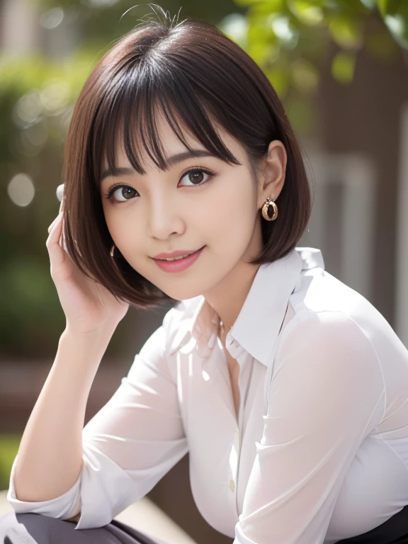 (masterpiece)、(highest quality:1.5)、(16k wallpaper:1.2)、(Photorealistic:1.2)、(Ultra-detailed:1.2)、(Surreal), (High resolution), (Very detailed), (Professional), (Realistic), (Post-processing), (Very detailed),(Sharp focus), Sharp focus:1.2,Photorealistic, Ultra-realistic, Backlight, (Improvement of quality:1.4), Healthy thighs、Narrow waist、Big Ass、(Beautiful legs)、((Perfectly detailed five-fingered hands)),(Anatomically correct body)、((1 female:1.4))、Japanese、Asian、Realistic Skin、(Small chest:1.4),Pretty woman with perfect figure:1.4,(from the front:1.5), (Enhances the beauty of skin texture:1.1), (Beautiful fine details), (Detailed face),Beautiful realistic face,No makeup、美しいBlack Hair、The best smile、Natural color lip、Even bangs、Hide eyebrows with bangs、((29-year-old woman))、Bob Hair、Hair blowing in the wind, (Black Hair, Iris, Watery eyes, Shining Eyes, Short bob cut hair, Small earrings,), Hair behind the ear、No makeup、(Drooping eyes)、Drooping eye corners、Professionalのカメラマンが撮影した写真,1 girl, Cute Smile.whole body、(((One lovely woman)),((A big friendly smile)),(( Small breasts,Small breastsの谷間)),((((Plump Cheeks)))), (((Wearing a tight white collared shirt,Tight long dark grey skirt,High heels))),((whole body))、