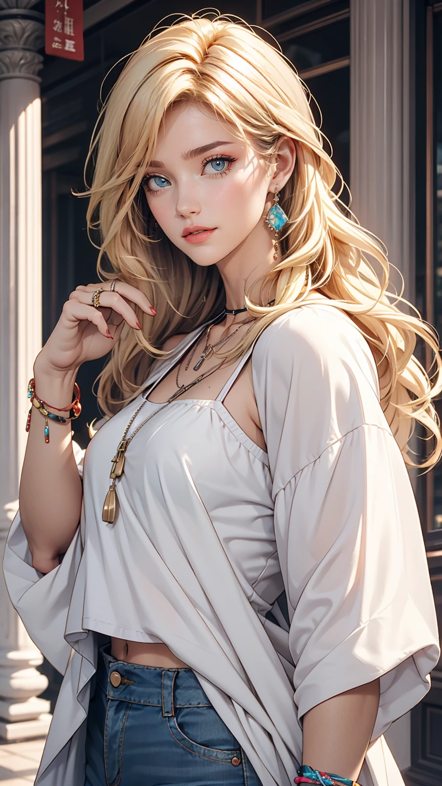 25-year-old Caucasian female、Platinum Blonde、blue eyes、long hair、My hair is wavy、Wearing accessories on the wrist、I&#39;m wearing a choker、Shiny skin、smile、I want my head to stay off screen、Wearing a high-neck zipper-up top、I&#39;m wearing T-front shorty chest is popping out、I&#39;m wearing high heels、I&#39;m wearing stockings、smile