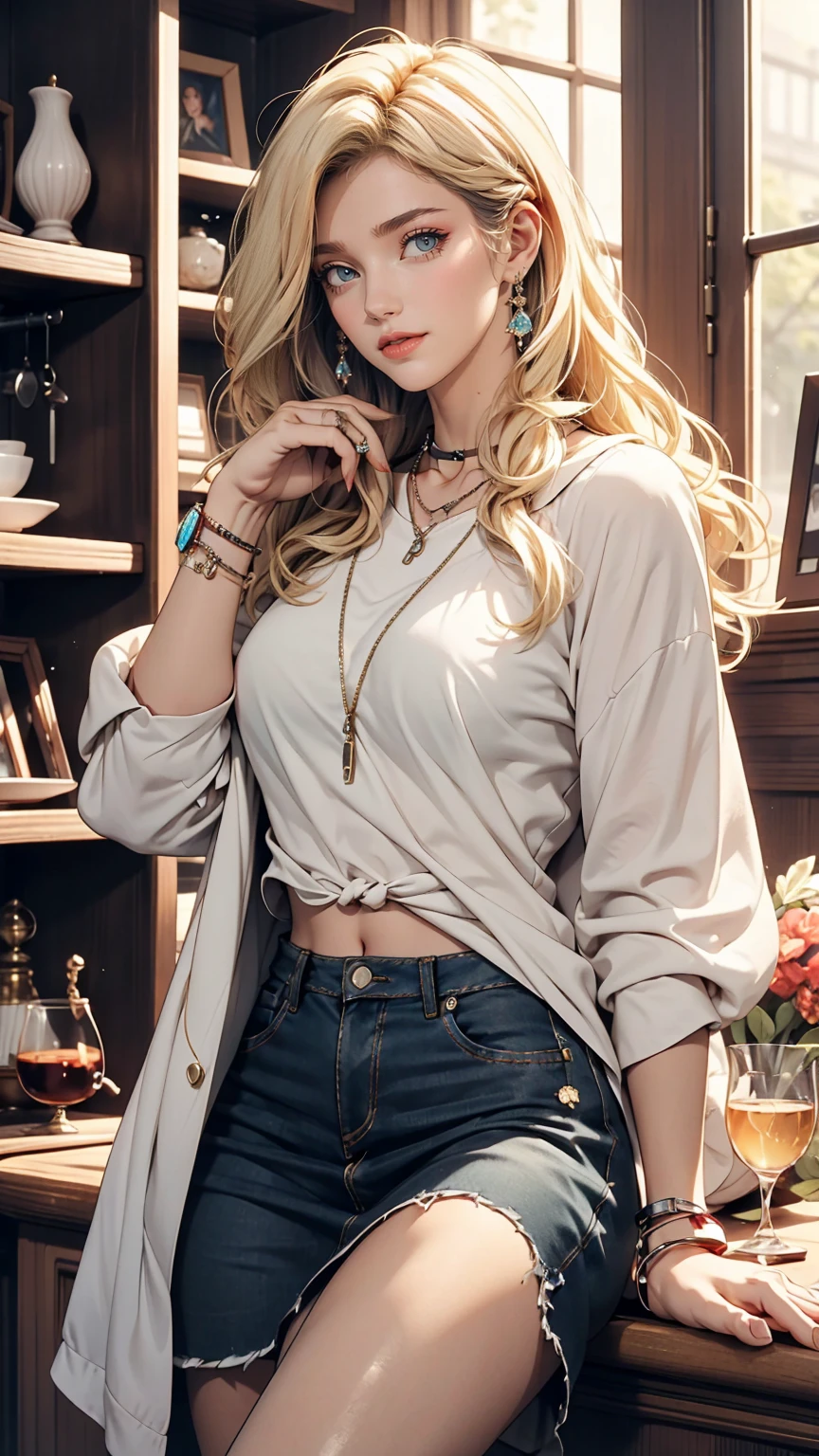 25-year-old Caucasian female、Platinum Blonde、blue eyes、long hair、My hair is wavy、Wearing accessories on the wrist、I'm wearing a choker、Shiny skin、smile、I want my head to stay off screen、Wearing a high-neck zipper-up top、I'm wearing T-front shorty chest is popping out、I'm wearing high heels、I'm wearing stockings、smile