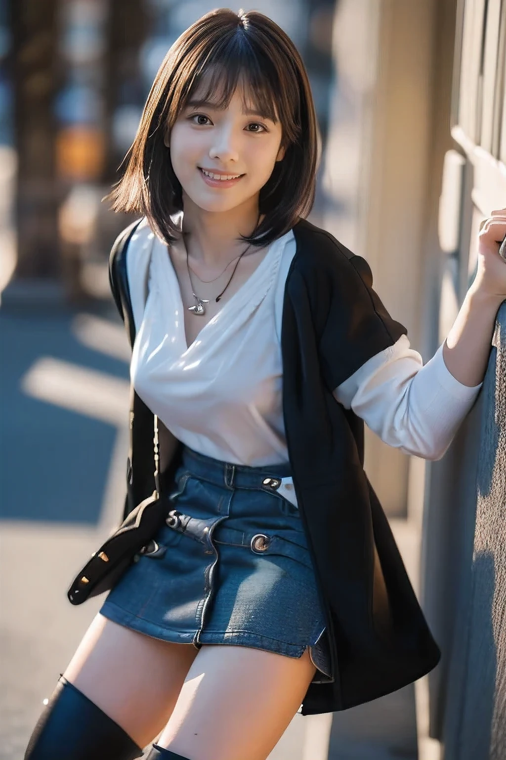 (Climbing the hills of the city、18-year-old female:1.5)、(Gentle smile:1.2)、(The best quality at its best:1.4), (Super detailed), (Very detailed CG unified 16k), Beautiful woman with perfect figure: 1.4, Sharp focus: 1.2, Very detailed, High-quality RAW color photos, Professional photography, Great face and eyes, cosmetics, (Amazingly beautiful girl), ((Black coat、White blouse、Denim mini skirt、Black Stockings、Black boots:1.5)), Sexy posture,(View from below), Realistic movie faces, Full body long view from head to toe, Realistic, ((Realistic natural orange red hairstyle, Realistic blue eyes)), ( Short Bob Hair:1.5), (necklace:1.5)、, Very beautiful face, Perfect model beauty, Mouth swelling, Highly detailed face and skin texture, Fine grain, double eyelid, Medium chest, smile, (masterpiece), highest quality, High resolution, Very detailed, Blurred Background, Depth of written boundary, Cinema Lighting, Great legs, , Clear, well-maintained skin,