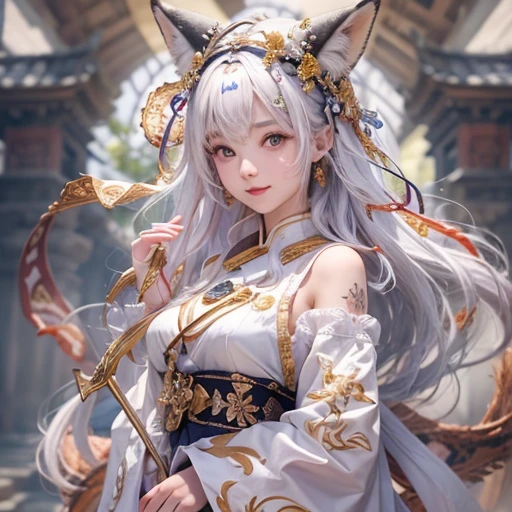 Hiding in an ancient shrine、Hair flow、 ((highest quality、masterpiece、8k、Best image quality、Ultra-high resolution、Award-winning works)、(Accurate anatomy:1.1)、(Look at me and smile:1.1)、Shining fair skin with Ultra-high resolution、The most detailed face、Ultra-high resolution detailed face、Ultra-high resolutionの髪の毛、(Ultra-high resolutionの煌めく瞳:1.1)、Beautiful face drawn in every detail、(Blurred Background:1.1)、Ancient maiden costume, Chest to chest, tattoo、Other than white fox 