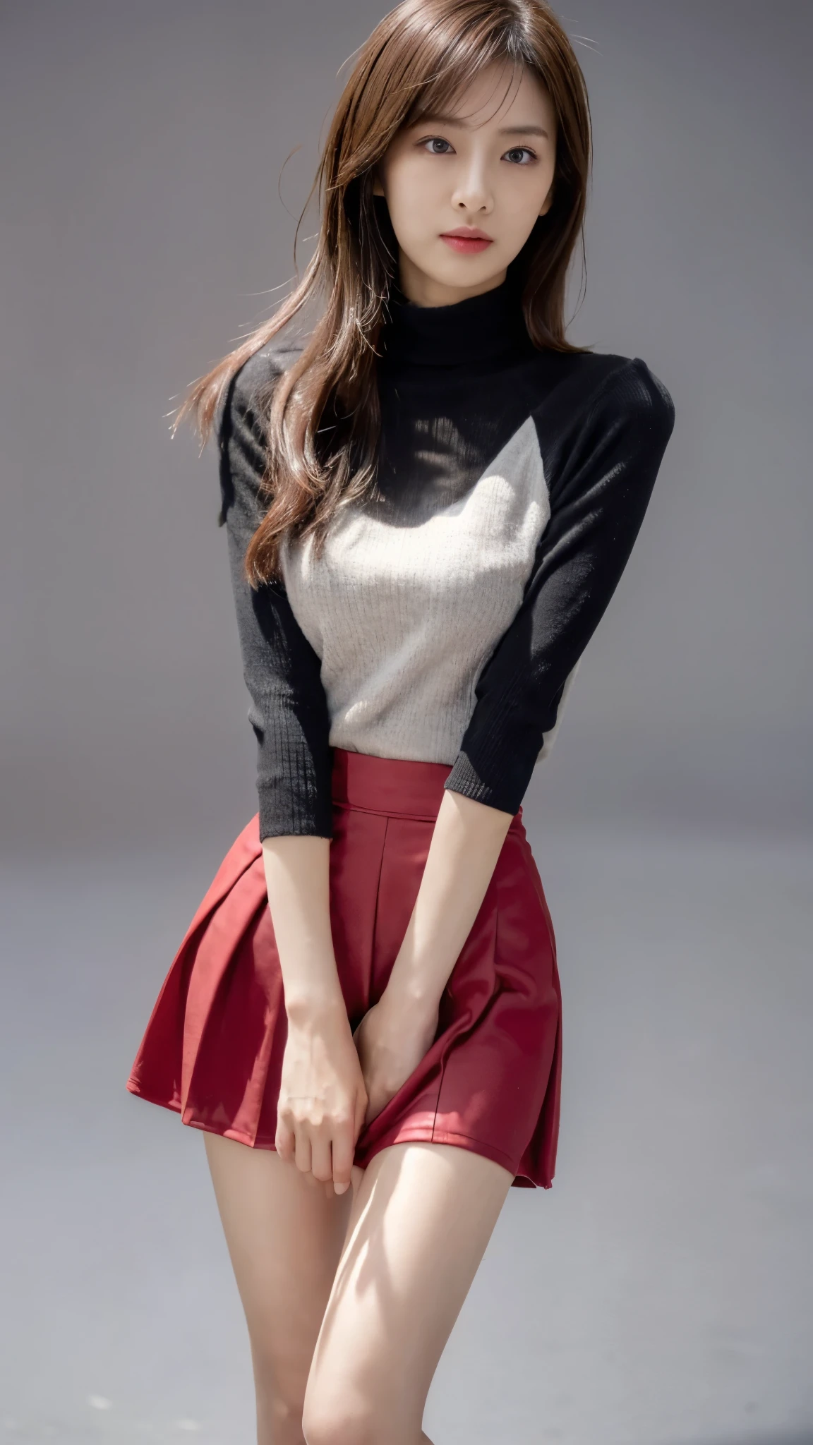 (masterpiece:1.3), (8k, Realistic, Raw photo, highest quality:1.4), (One girl), Beautiful Face, Realistic Face, (Detailed face), Beautiful Hairstyles, (Detailed Hair), Realistic eyes, (Fine grain), Beautiful details, Realistic Skin, (Detailed skin), Beautiful Skin, Charm, Ultra-high resolution, Surreal, Very detailed, (Medium chest:0.5), The Beauty of Japan, (Slim figure), (arafed woman in a red shirt and Black Skirt posing for a picture, mini skirt, Office Clothes, Black and red silk clothing, short Black Skirt, Black Skirt, Wearing a red skirt, Short skirt, leather clothing and boots, Red Elegant Shirt, Red and black details, short mini skirt, high waist black skirt, Wearing a blouse), Cute young Japanese girl, Cute young Japanese girl, (Gray gradient background)