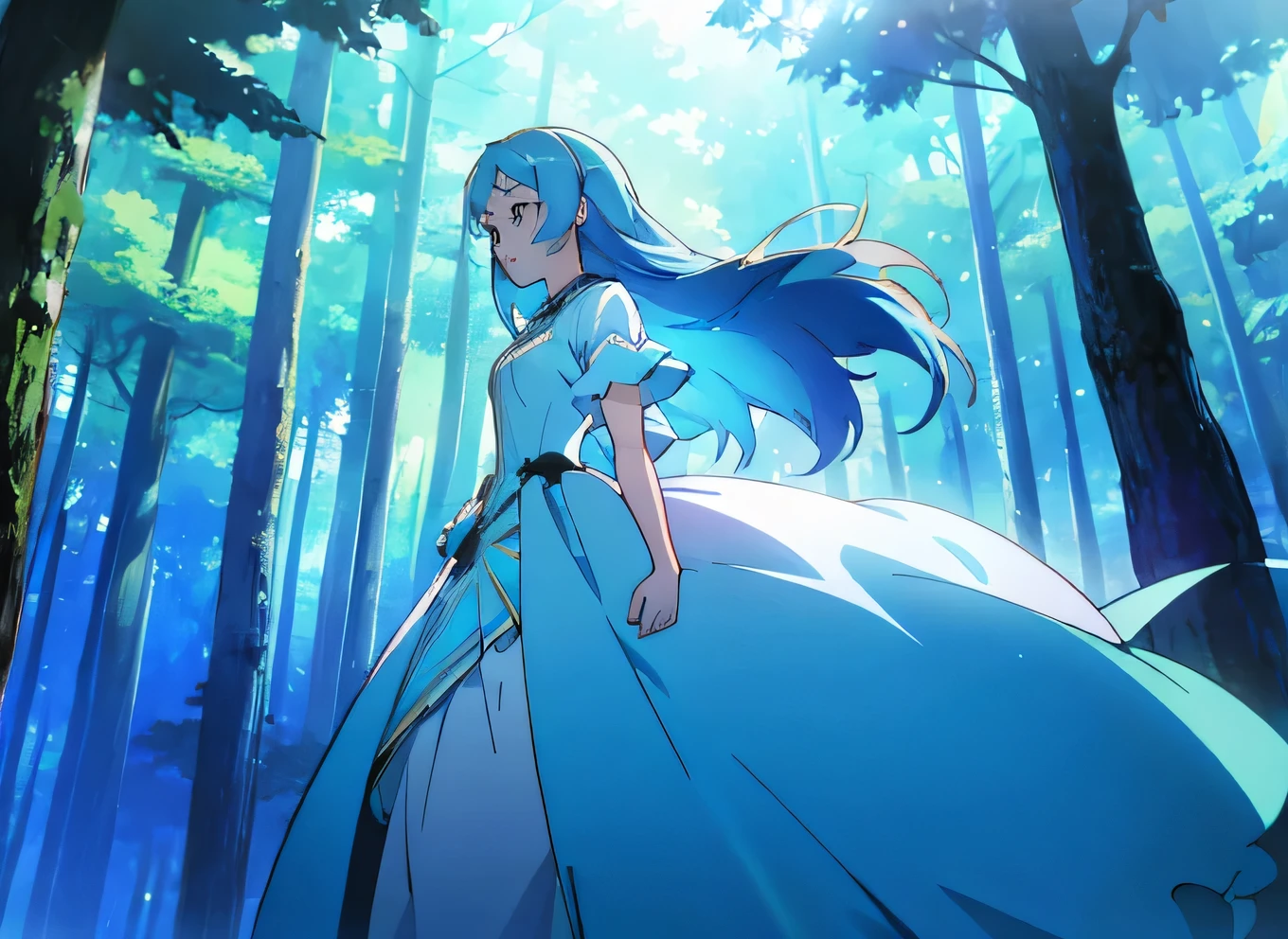 (HD),((1 Girl)), beautiful girl,Illustration quality,Light blue long hair,Light blue pupils,Forest background,Gorgeous clothes,Light blue dress