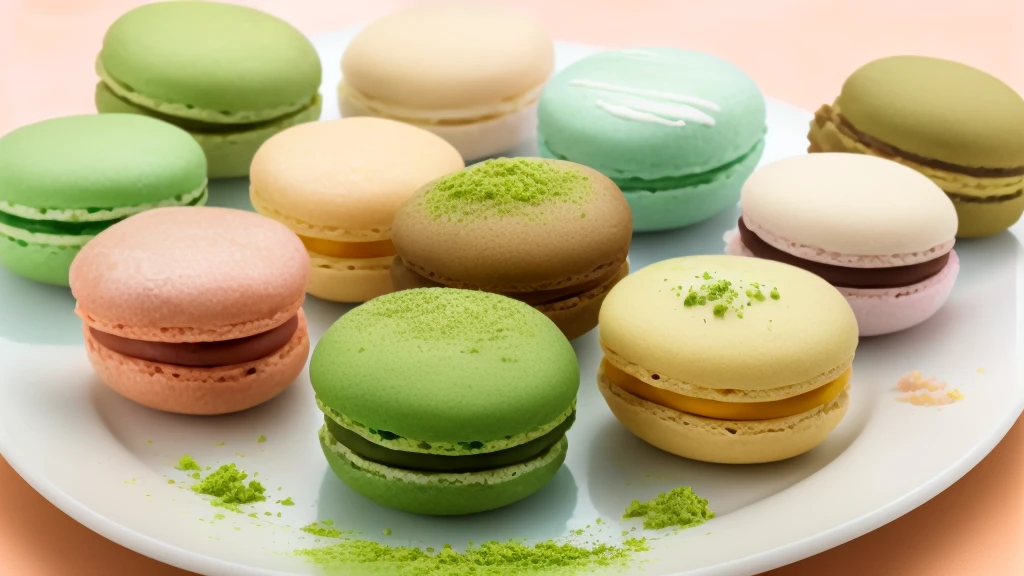 there are four different types of Macaroonss on a plate, Macaroons, sweets, Loptin and Matcha, pastel', Glazed, delicious, heart, chocolate, snack, iwakura, dessert, 3 Delight, pastel, fuji choco, mix, taste, 美tasteしい, Moist, trend ,, product introduction photos, 🎀 🗡 🍓 🧚, Children