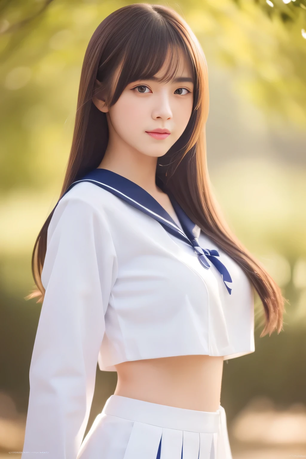 (RAW Photos:1.2), (Realistic:1.10),((One Girl))、 Beautiful, realistic and detailed Japanese girls, Very detailedな瞳と顔, Beautiful and exquisite, Beautiful body, Incredibly beautiful body,Perfect Anatomy、Beautiful body , (Very detailedな, High resolution, Very detailed, highest quality), ((Advanced Shooting)), Raising awareness,CG, Unity,Sailor suit, wonderful, In detail, (masterpiece, Very detailed CG uniform 8k wallpaper), Sunlight on the face, double eyelid、Glowing hair and eyes、21 years old、(Huge breasts:1.12)、village、((Dynamic pose))、(Blind Girl)、Professional photography、