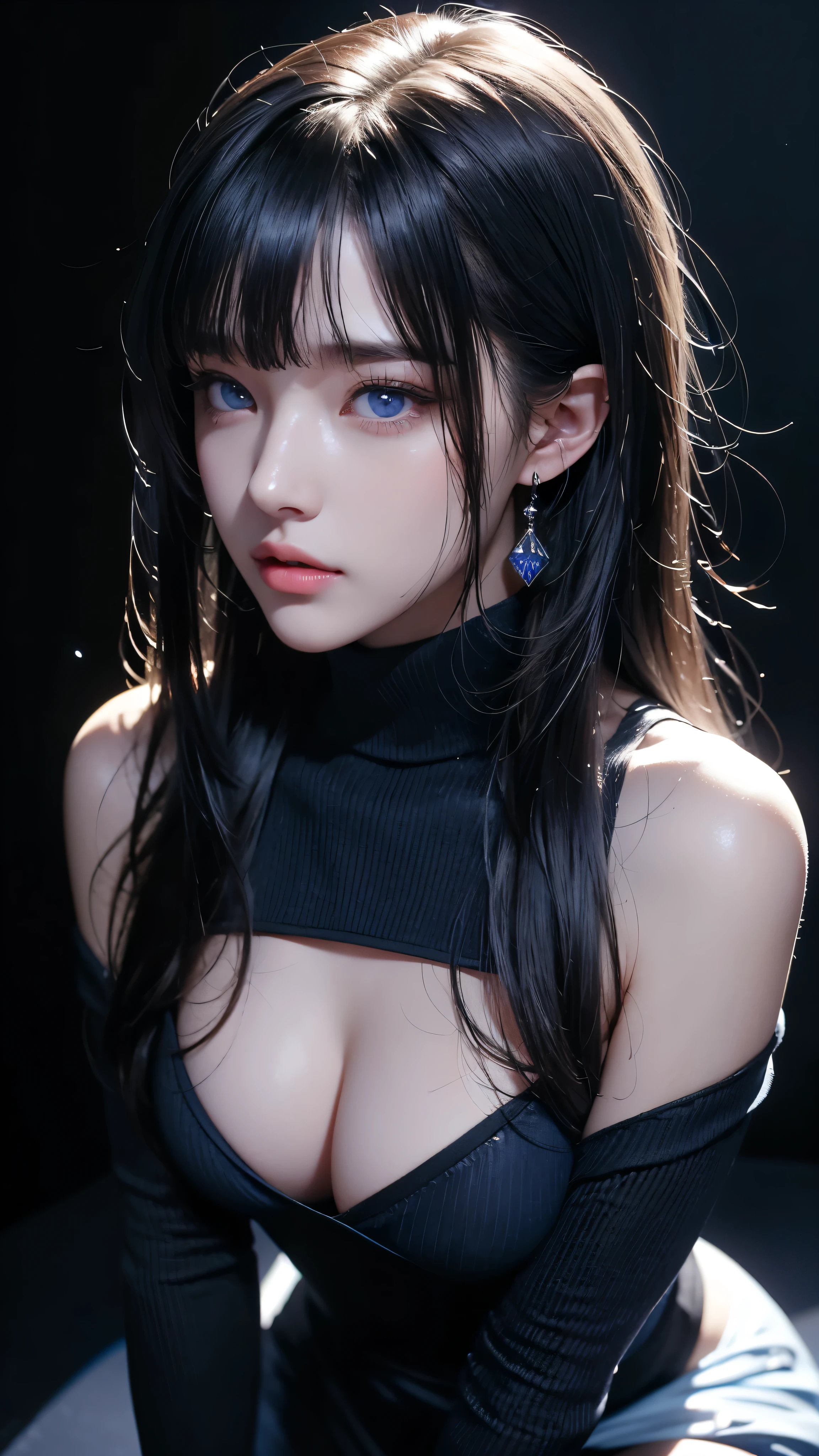 masterpiece, highest quality, Super detailed, Facing the camera, Super detailed, Realistic, Sharp features, Very detailed, Sharp focus, Perfect Face, Perfect Face, Perfect symmetrical perfect eyes, Perfect Plump Lips, Flexible female form, Cinematic, Film Light, Super detailed, hyper Realistic, masterpiece, Atmospheric, High resolution, Vibrant, Dynamic Studio Lighting, ((Dark Background)), The expression when enduring pleasure, Straight bangs, blue eyes,Black sweater, Cowboy Shot,turtleneck、first round、Sexually aroused expression、Accessories on the chest
