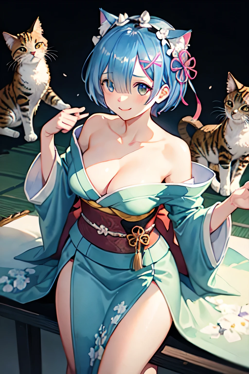 (Rem:Re:Zero) (Watercolor style:1.4), (Muted Tone:1.3), Delicate, Detail, Masterpiece, (colorful)illustration (best quality:1.2), intricate details, newest, edo, cat, darknight, midnight, Fantasy world, high leg kimono, attractive, shoulders, thighs, Living kimono, talking with kimono, moving kimono, discussion heated, fun, several cats in kimono at my feet, view from above, close up, Calm soothing look, Warm happy reassuring smile, dynamic angle, dynamic pose, close up, Artistic masterpieces that will go down in history