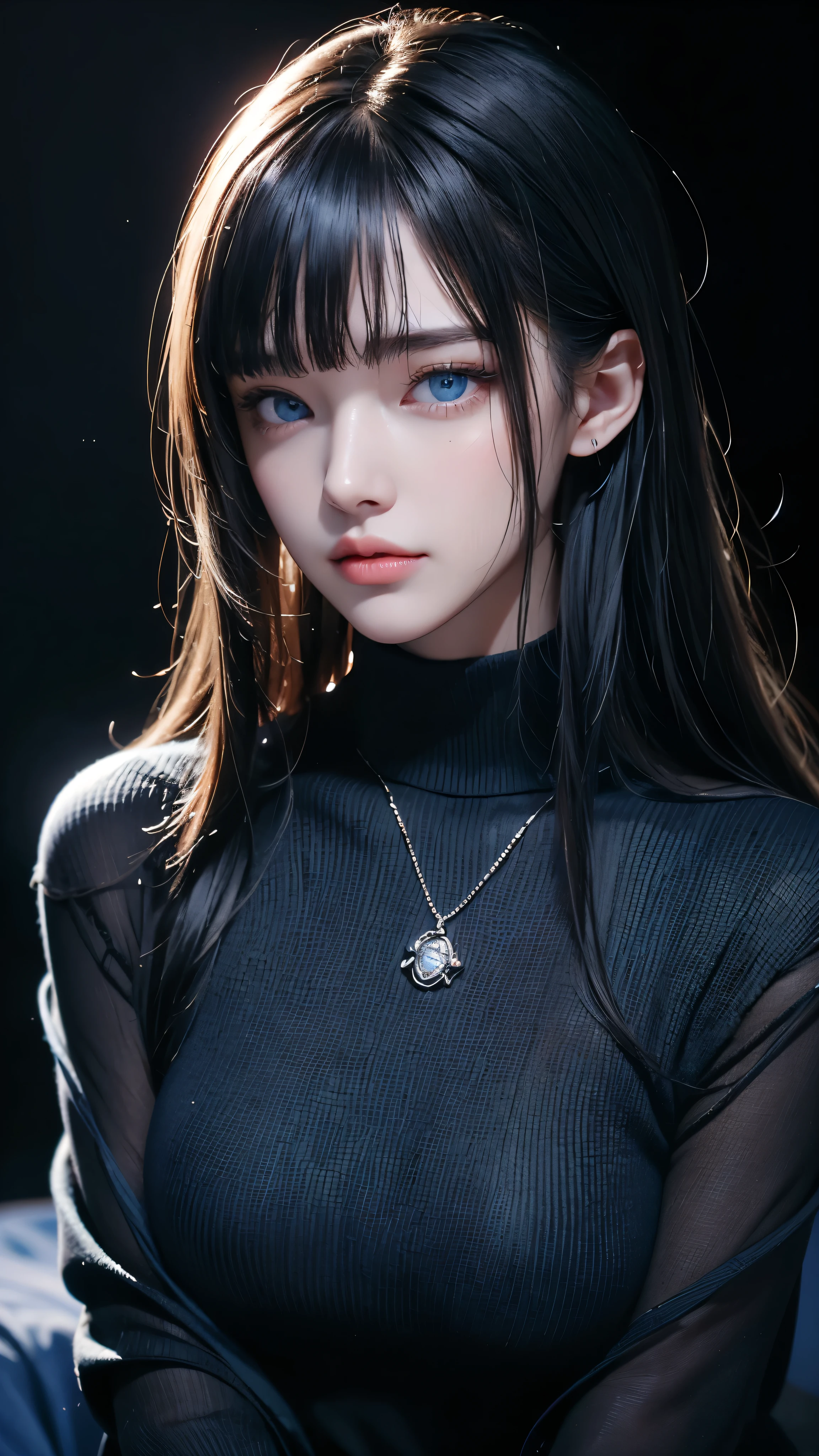 masterpiece, highest quality, Super detailed, Facing the camera, Super detailed, Realistic, Sharp features, Very detailed, Sharp focus, Perfect Face, Perfect Face, Perfect symmetrical perfect eyes, Perfect Plump Lips, Flexible female form, Cinematic, Film Light, Super detailed, hyper Realistic, masterpiece, Atmospheric, High resolution, Vibrant, Dynamic Studio Lighting, ((Dark Background)), The expression when enduring pleasure, Straight bangs, blue eyes,Black sweater, Cowboy Shot,turtleneck、first round、Sexually aroused expression、Accessories on the chest、Clothes with cuts