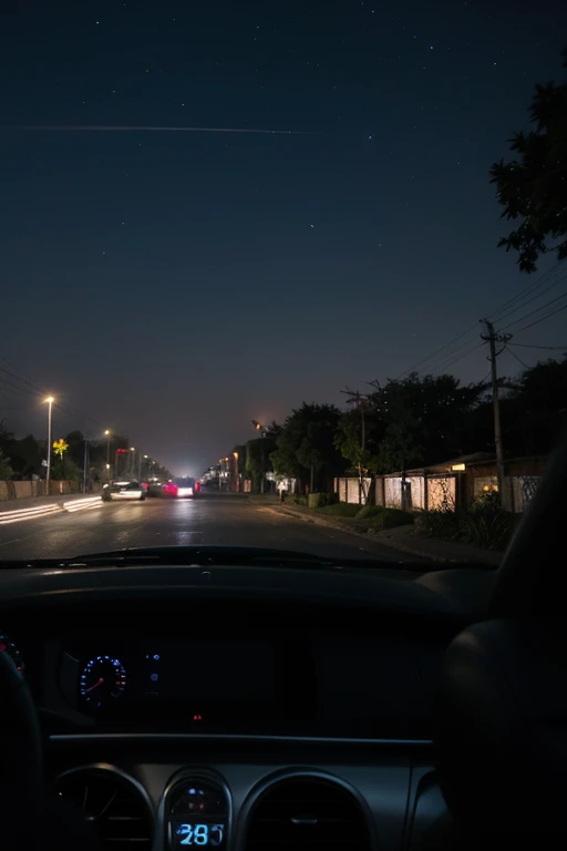 Raw photo of sky in night from car with fairy lights around In india