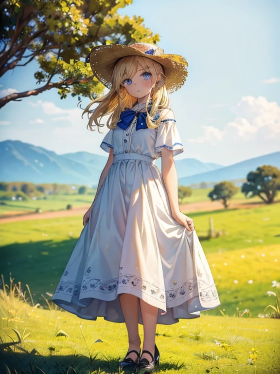 masterpiece, highest quality, Very detailed, 16k, Ultra-high resolution, Cowboy Shot, -yeld gi Detailed face, Perfect Fingers, blue eyes, Blonde, Long Hair, Straw hat, Gorgeous white blouse, Luxurious brooches, Long skirt, Enamel shoes, polar animals, Kenya, grassland, (Savanna animals in the background), elephant, The girl is in front