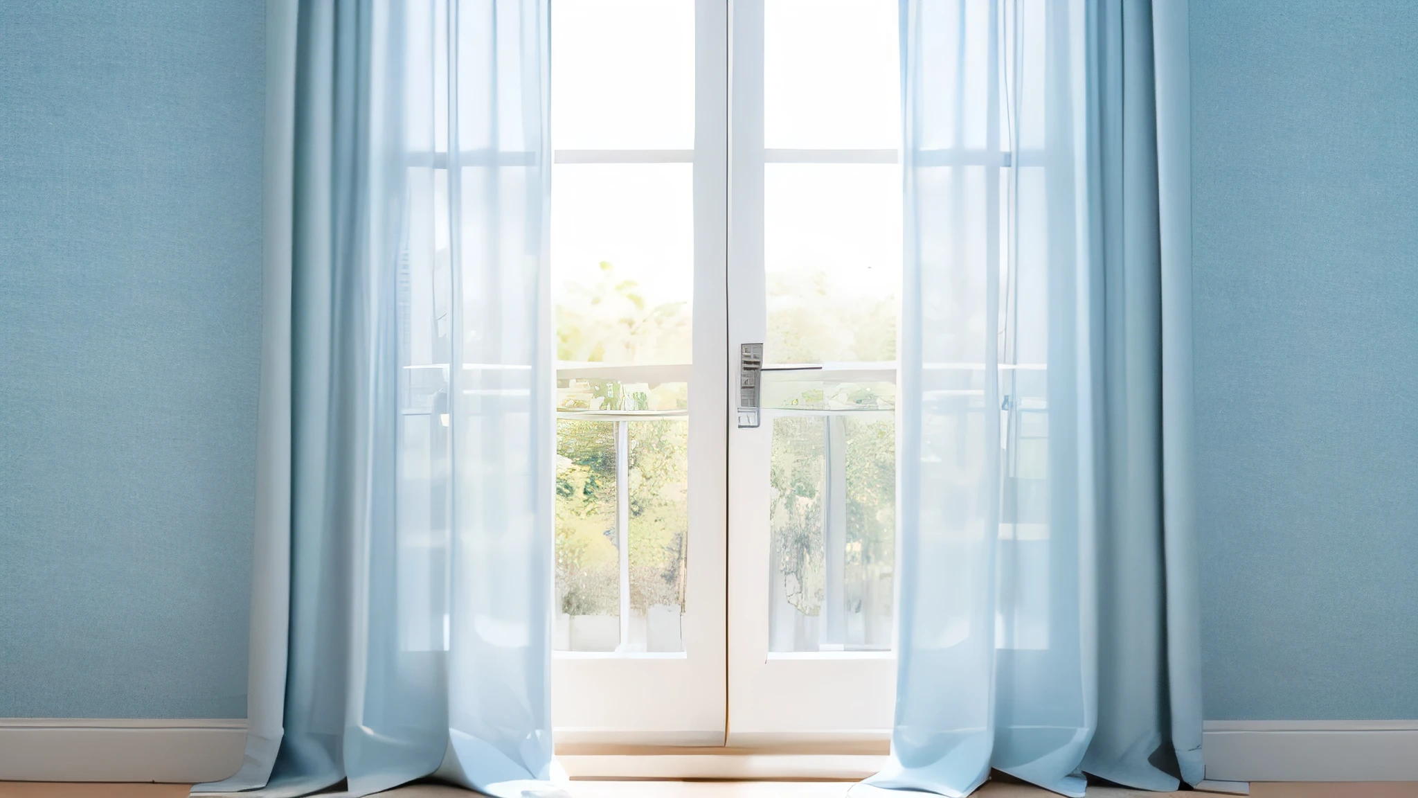 Simple home background wall，Gradient light blue heavy curtains，Clean and refreshing