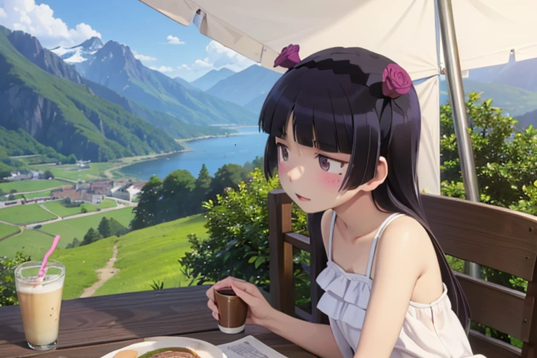 ((ruri gokou)), long hair, blush, black hair, 1girl, pants, mole, mole under eye, (Straw hat), Awning hat, (sundress), dress, (white dress), Outdoor, camp, Beautiful Mountain々, background, The set up tent, clear々A beautiful morning, Light shines in, In front of the tent, coffee, Have fun, landscape, nature, quiet, picnic, Relaxation, refreshing, early morning, Calm, scenery, relax, fresh, Morning, Sunrise, hiking, Adventure, blue sky, fresh air, Journey, Majestic, Lush