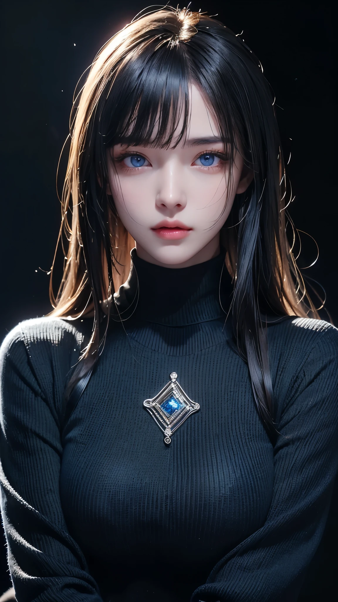 masterpiece, highest quality, Super detailed, Facing the camera, Super detailed, Realistic, Sharp features, Very detailed, Sharp focus, Perfect Face, Perfect Face, Perfect symmetrical perfect eyes, Perfect Plump Lips, Flexible female form, Cinematic, Film Light, Super detailed, hyper Realistic, masterpiece, Atmospheric, High resolution, Vibrant, Dynamic Studio Lighting, ((Dark Background)), The expression when enduring pleasure, Straight bangs, blue eyes,Black sweater, Cowboy Shot,turtleneck、first round、Sexually aroused expression、Accessories on the chest