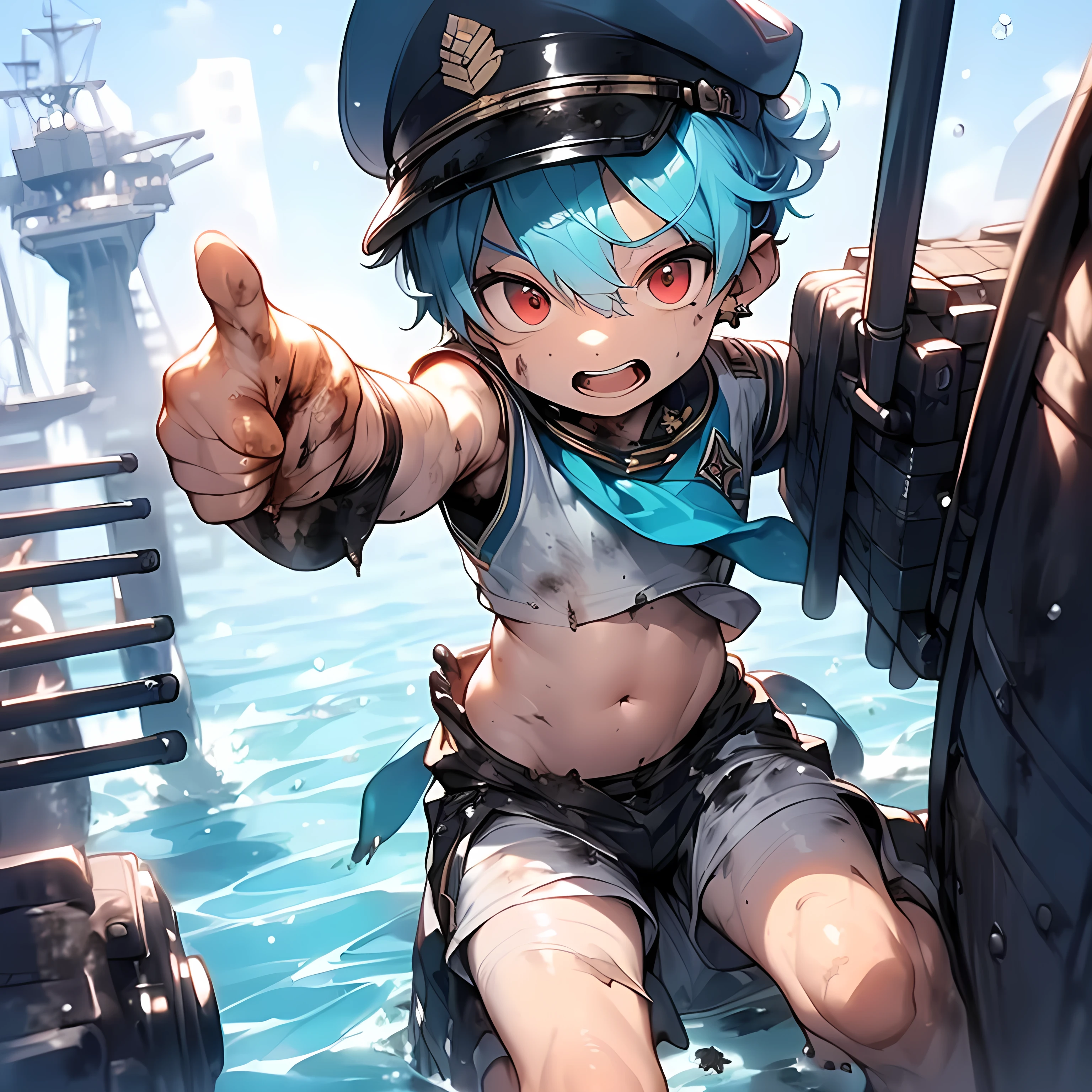 (boldline:-1.6), (navel battle:2), (pointing:2), (raising legs:1.7), (raising arms:1.5), (best quality:1.5), (absolutely resolution:1.5), (ultra detailed:1.5), (masterpiece:1.5), (perfect face:1.5), (detailed face:1.5), (detailed eyes:1.5), (cute face), (shota:1.65), BREAK (white military uniform:1.8), (bulge:1.5), (dirty clothes:1.8), (arched back:1.3), (skinny:1.3), (military cap on head:1.5), (spiked hair), BREAK (light blue hair:1.5), (wine red eyes:1.4), (open his eyes wide:1.5), (eyes with high light), ((mole under eye)), (sweaty skin), (dirty skin:1.8), BREAK (yelling:1.5), (open mouth:1.5), ((earrings)), (shiny skin:1.3), BREAK (sea:1.8), (tip of ship:2), (battle ship:1.5), (shooting cannon:1.4), (sunlight), (((wind blowing))), (abs), upper body, from below, wide angle,