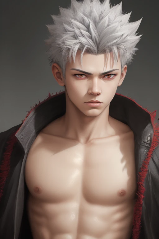 masterpiece, best quality, high quality, 1boy, solo, male focus, looking at viewer, upper body, asta, red eyes, grey hair, spiked hair, realistic