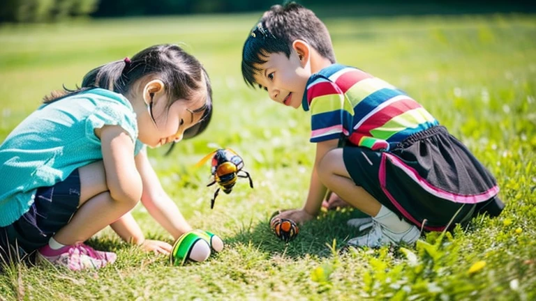 Children playing with beautiful beetles in the grassland、Children playing with beautiful beetles in the grassland、Colorful Mushiking