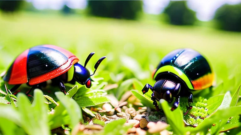 Children playing with beautiful beetles in the grassland、Children playing with beautiful beetles in the grassland、Colorful Mushiking