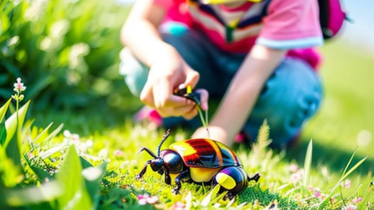 Children playing with beautiful beetles in the grassland、Children playing with beautiful beetles in the grassland、Colorful Mushiking
