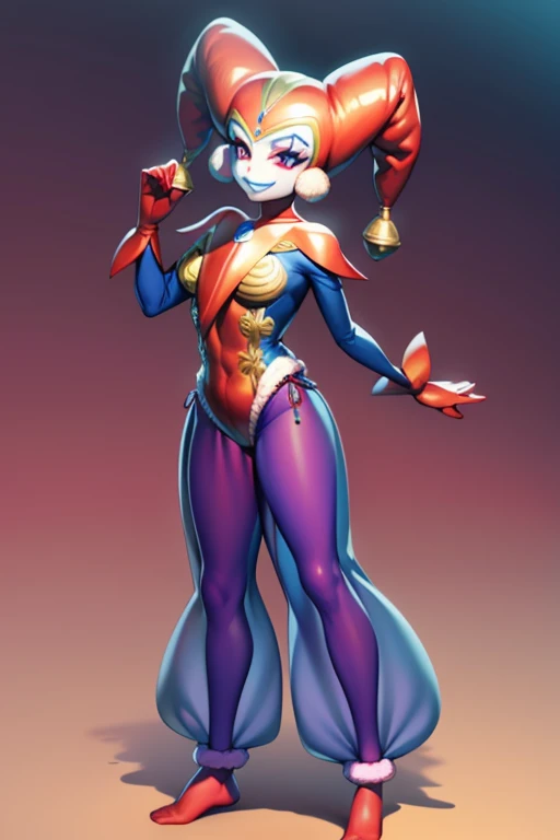 harle_\(chrono_cross\), facepaint, red_leotard, blue see-through harem_pants, jester_cap, pawg, SMILE, full body