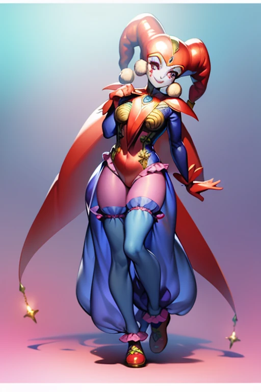 harle_\(chrono_cross\), facepaint, red_leotard, blue see-through harem_pants, jester_cap, pawg, SMILE, full body