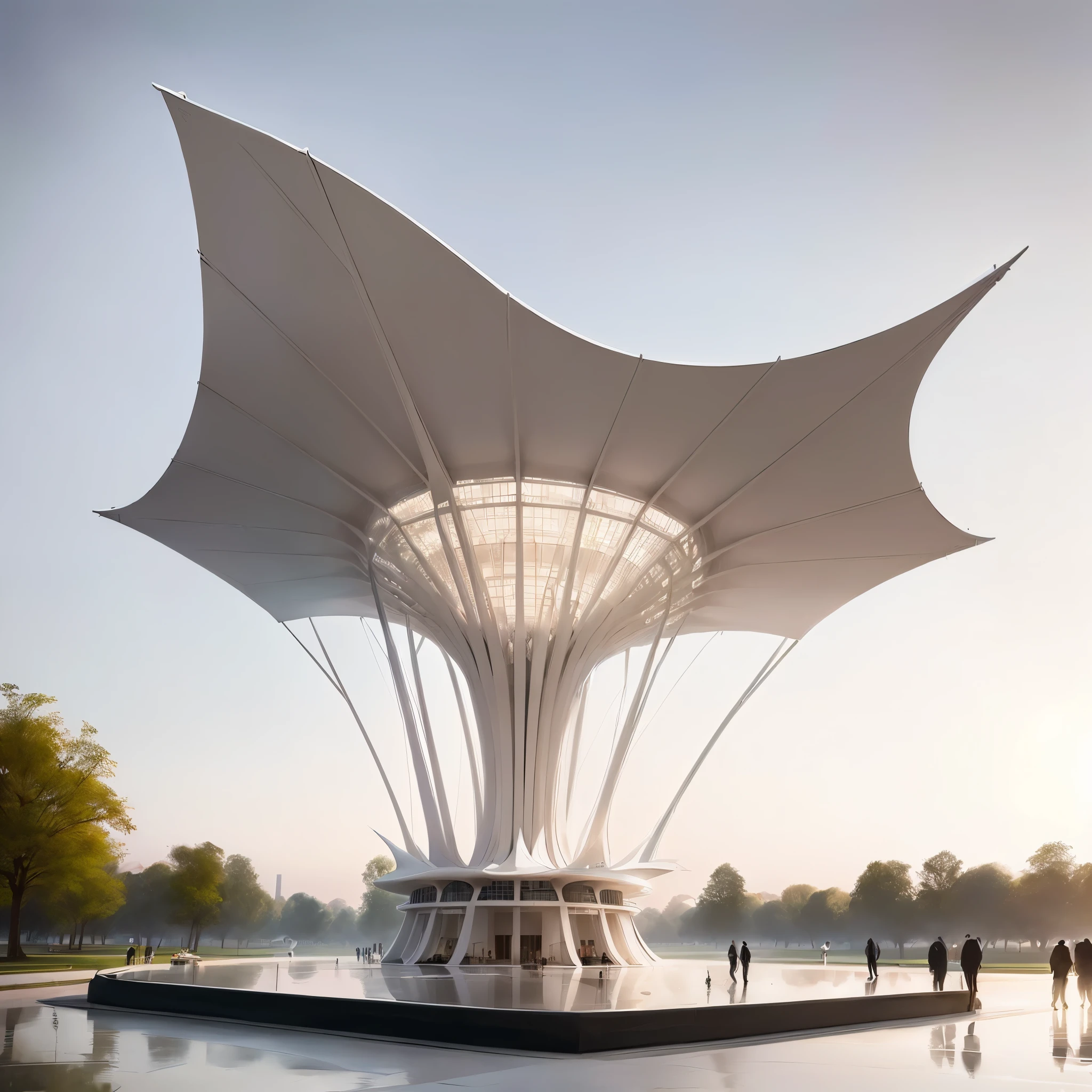 There is a huge white umbrella-like structure in the middle of the park, by Zha Shibiao, inspired by Zha Shibiao, High-quality architectural art, pavilion, Futuristic structure, Futuristic architecture, tree building, beautiful futuristic new delhi, Calatrava, Zaha Hadid Octane High Definition Rendering, Awesome Award Winning, santiago Calatrava