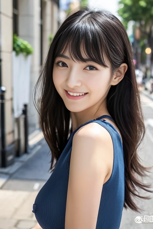 Japanese、Japanese女性、model、Black Hair、full body、Big Breasts、valley、Waistline、Double eyelids、Big round eyes、Cute eyes、Droopy eyes、Cute Woman、Natural Makeup、Long eyelashes、20-year-old、photo realistic、Teardrop、Super Long Hair、skinny pants、Sleeveless dress、With bangs、In town、Tear bags、highest quality、Beautiful woman、Masterpiece、whole body、Half Up、平行Double eyelids、The gaze of the viewer、One woman、smile