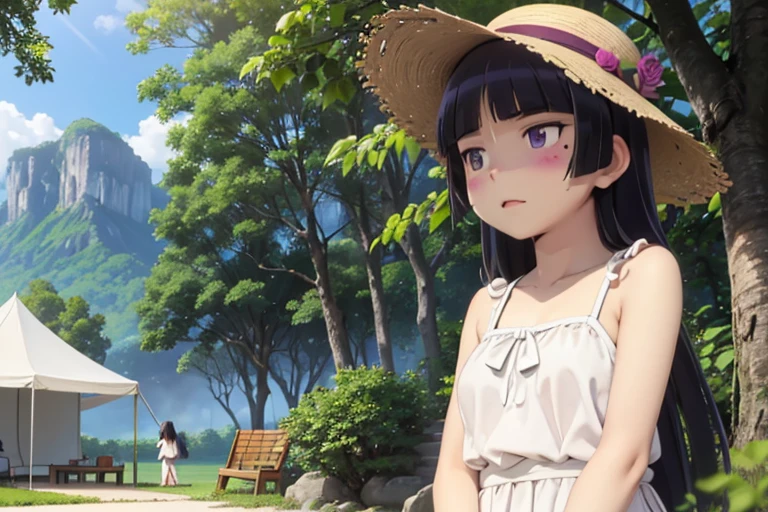 ((ruri gokou)), long hair, blush, black hair, 1girl, pants, mole, mole under eye, (Straw hat), Awning hat, (sundress), dress, (white dress), Outdoor, camp, Beautiful Mountain々, background, The set up tent, clear々A beautiful morning, Light shines in, In front of the tent, coffee, Have fun, landscape, nature, quiet, picnic, Relaxation, refreshing, early morning, Calm, scenery, relax, fresh, Morning, Sunrise, hiking, Adventure, blue sky, fresh air, Journey, Majestic, Lush