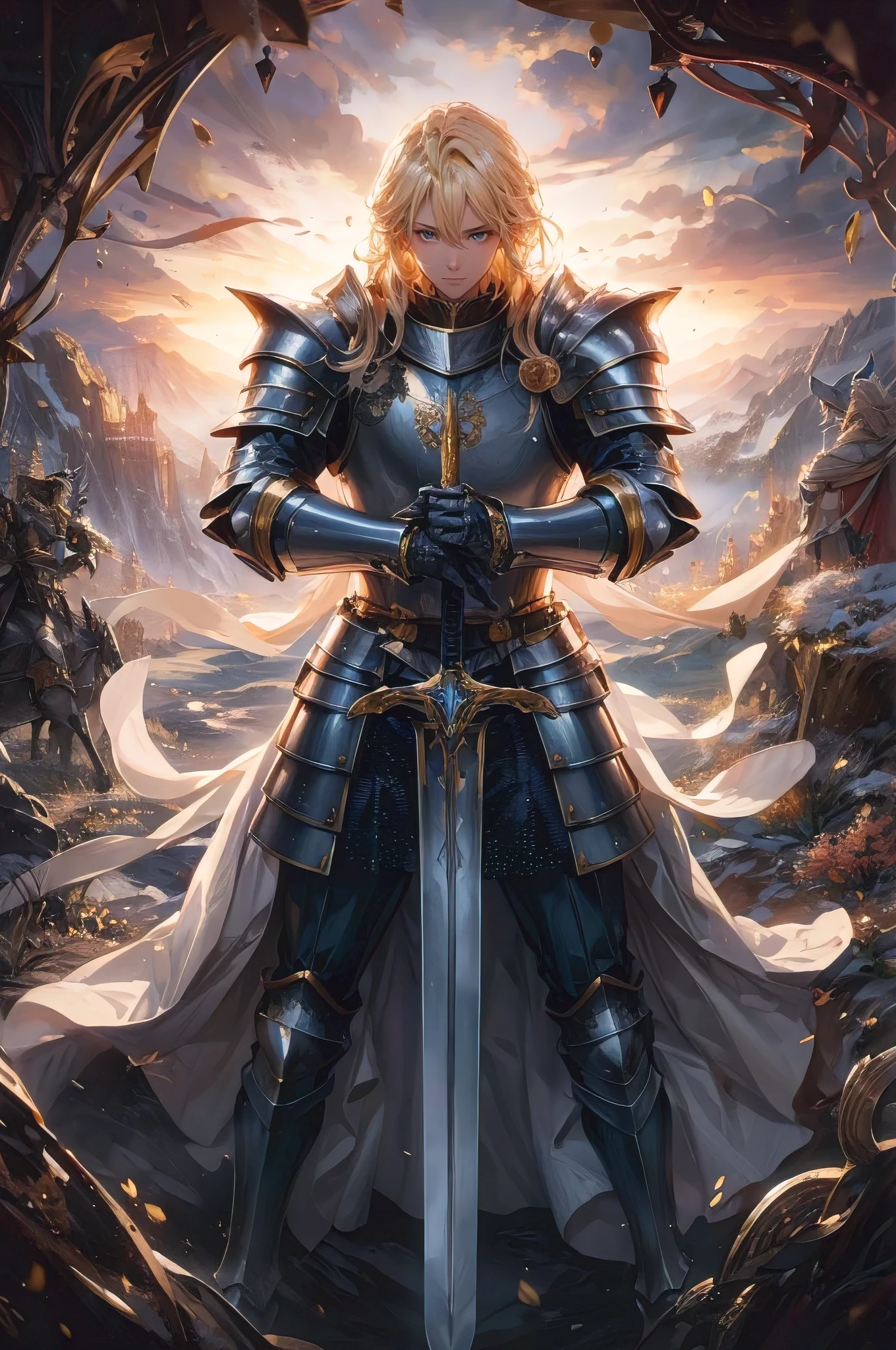 An epic, photorealistic illustration of a beautiful blonde knight in a royal armor, standing tall with his sword held downwards in a commanding gesture. The armor is intricately detailed, adorned with golden accents and a crest on the chest. The knight's blonde hair flows freely, complementing his noble and strong appearance. The background is filled with a mythical, fantasy landscape of mountains, valleys, and a setting sun, casting a warm golden light on the knight and enhancing the sense of grandeur and heroism., illustration, anime