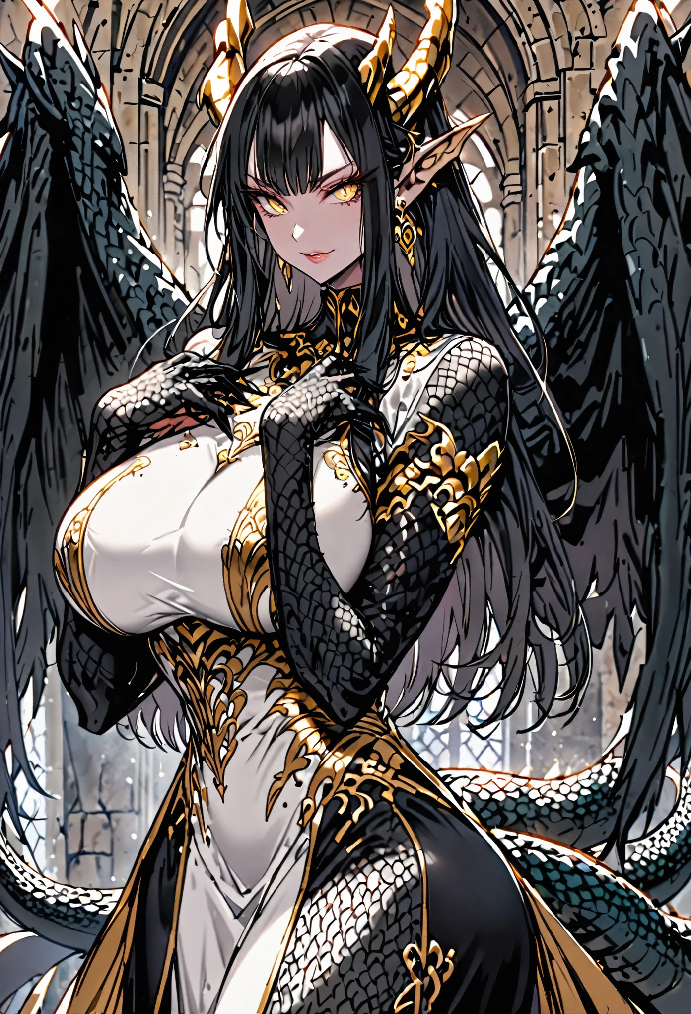 solo, female, sfw, medium shot, long hair, straight hair, black hair, golden eyes, head fins, huge breasts, black tail, dragon tail, black wings, dragon wings, huge wings, black scales, black claw hands, luxurious gown dress, medieval, luxurious, gold, jewelry, day, scaly hands, clawed hands, scales on forearms, very tall woman, seductive smile, muscular, slit pupils, dragon horns, large woman, 8 foot tall