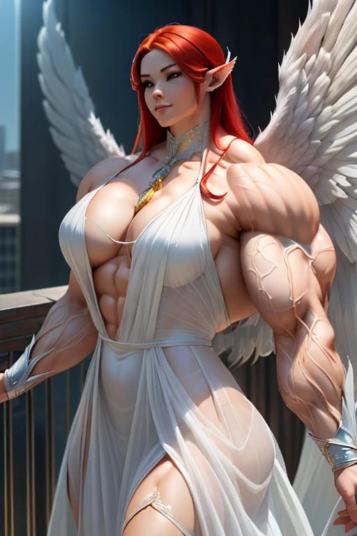 ((((Massive tall, beautiful, buff, pale skinned skinned muscular asian angel woman with red hair, huge angel wings, ginormous bulky muscles and wearing a beautiful white long angel dress)))), (close view), massive muscles, massive biceps, hyper muscle shoulders, massive muscle arms, vascular shoulders, hyper muscle triceps, huge angel wings, (long hair), yellow eyes, choker, angel gauntlets, on top of a sunny skyscraper in a Windy City, confidant smile, hyper vascular arms, hyper muscles arms, hyper muscle legs, (massive arms).