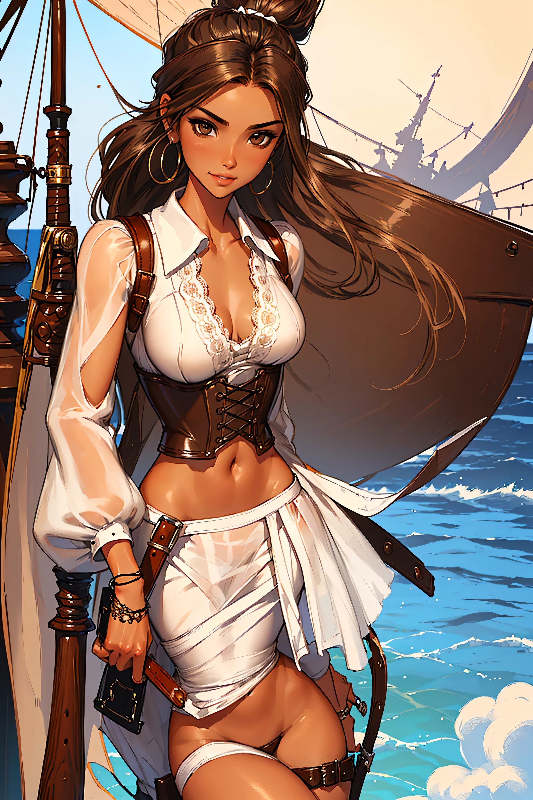 (masterpiece), best quality, expressive eyes, perfect face, (pirate ship background), (standing), (smirk), (closeup view), (1girl, vanessa alessia, dark skin, tanned skin, brown hair, wavy hairstyle, brown eyes, hourglass figure, thin body, skinny body, petite_body, medium breasts, thick thighs, long fingernails, brown plaid head wrap, white front lace blouse, long sleeve, loose fit, brown leather corset, brown leather shorts, brown boots, sheathed cutlass sword, flintlock pistol in holster, hoop earrings, miscellaneous jewelry)