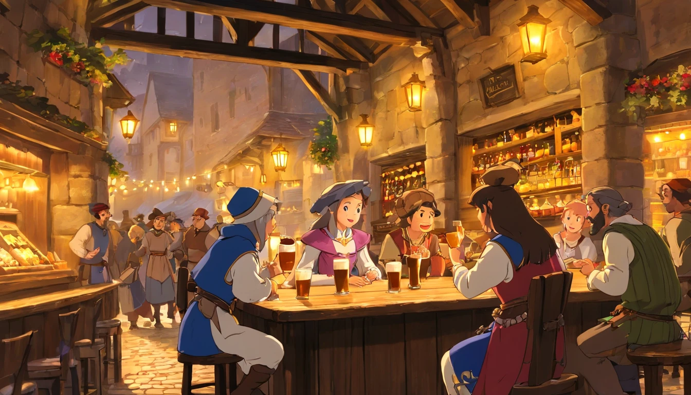 Please blur the faces of the people. "In a bustling medieval marketplace, an open-air tavern is filled with lively activity as villagers gather to enjoy food and drink. The tavern's wooden structure is adorned with warm lanterns that cast a golden glow over the scene, creating a welcoming and festive atmosphere. Long wooden tables are crowded with patrons, who are engaged in animated conversations and laughter. The bar area is particularly busy, with people ordering drinks and food from the bartenders behind the counter. The scene is rich with detail: patrons in colorful medieval attire, including hats, cloaks, and tunics, mingle and enjoy the convivial environment. Two women in the foreground, one in a blue dress and the other in a pink dress, are sharing a moment of joy as they toast with their drinks. A man wearing a wide-brimmed hat and a leather vest sits at a table with a mug of ale, seemingly lost in thought. The background features a stone building with ivy climbing its walls, adding to the charm of the medieval setting. Windows are lit, suggesting the presence of people inside, and the overall ambiance is one of warmth and community. The cobblestone street underfoot adds to the authenticity of the scene, and the light from the lanterns and the setting sun bathes everything in a soft, inviting light. The marketplace extends beyond the tavern, with more villagers seen in the distance, engaged in various activities such as shopping, chatting, and strolling through the market. The entire scene captures the essence of a lively and close-knit medieval community, where people come together to celebrate and share in the joy of companionship and good times."