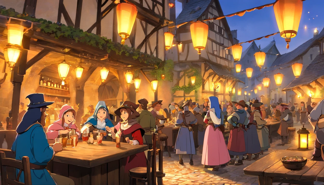 Please blur the faces of the people. "In a bustling medieval marketplace, an open-air tavern is filled with lively activity as villagers gather to enjoy food and drink. The tavern's wooden structure is adorned with warm lanterns that cast a golden glow over the scene, creating a welcoming and festive atmosphere. Long wooden tables are crowded with patrons, who are engaged in animated conversations and laughter. The bar area is particularly busy, with people ordering drinks and food from the bartenders behind the counter. The scene is rich with detail: patrons in colorful medieval attire, including hats, cloaks, and tunics, mingle and enjoy the convivial environment. Two women in the foreground, one in a blue dress and the other in a pink dress, are sharing a moment of joy as they toast with their drinks. A man wearing a wide-brimmed hat and a leather vest sits at a table with a mug of ale, seemingly lost in thought. The background features a stone building with ivy climbing its walls, adding to the charm of the medieval setting. Windows are lit, suggesting the presence of people inside, and the overall ambiance is one of warmth and community. The cobblestone street underfoot adds to the authenticity of the scene, and the light from the lanterns and the setting sun bathes everything in a soft, inviting light. The marketplace extends beyond the tavern, with more villagers seen in the distance, engaged in various activities such as shopping, chatting, and strolling through the market. The entire scene captures the essence of a lively and close-knit medieval community, where people come together to celebrate and share in the joy of companionship and good times."