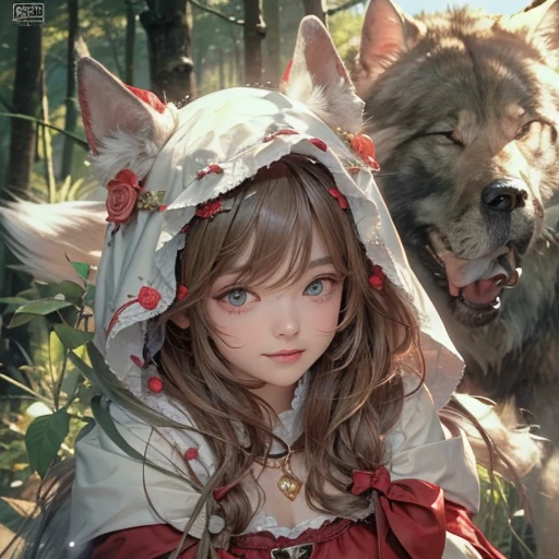 Standing in the forest、Hair flow、 ((highest quality、masterpiece、8k、Best image quality、Ultra-high resolution、Award-winning works)、(Accurate anatomy:1.1)、(Look at me and smile:1.1)、Shining fair skin with Ultra-high resolution、The most detailed face、Ultra-high resolution detailed face、Ultra-high resolutionの髪の毛、(Ultra-high resolution eye:1.1)、Beautiful face drawn in every detail、little red riding hood Costumes , Chest to chest, Strange atmosphere, A real werewolf stares at her......., Dark Light, in the forest , Heavy makeup