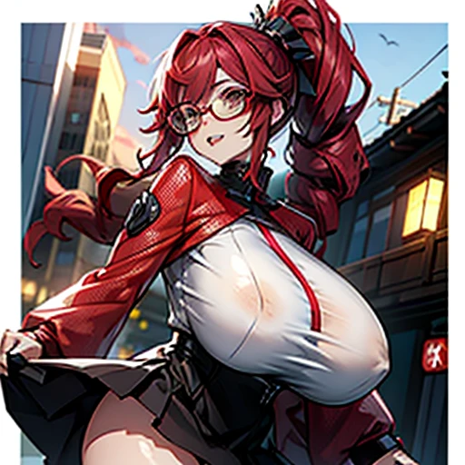 only 1 adult sexy woman, big hips in a corset and a black and white outfit, massive breast, high red curly ponytail, red glasses, with Fishnet on breasts and can be on legs too, wearing japanese techwear, intriguing outfit, anime girl , photograph of a techwear woman, normal proportion of an adult woman, not too short or fat, the whole pic in purple tones, , high quality, (((short skirt, white revealing top))), sunset background