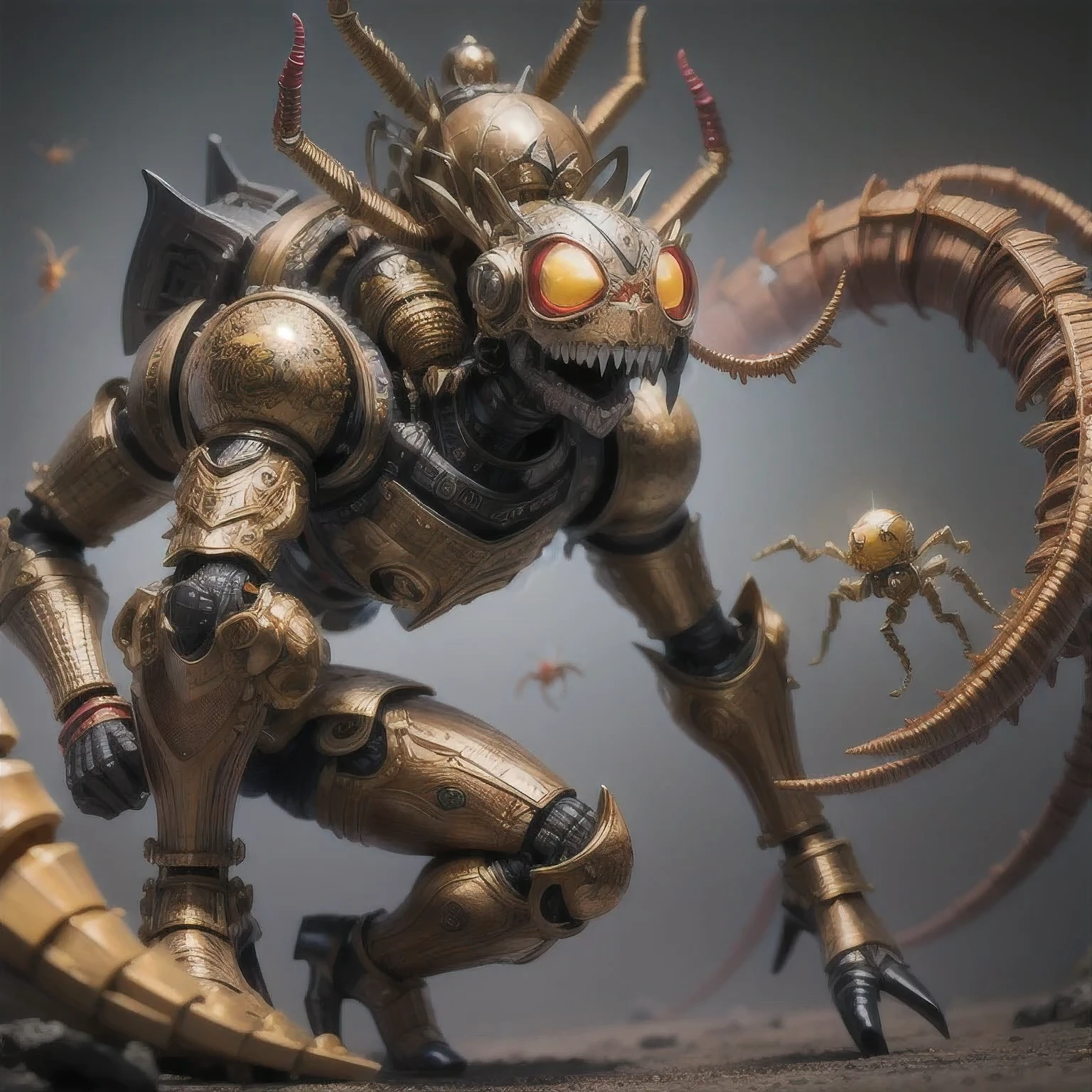 a close up of a golden spider with a 紫粉白 body and legs, steampunk spider, Mechanical spider red and white legs, arachnid, lolth, arachne, spider, steampunk robot scorpion, highly detailed barlowe 8 k, Bright orange legs large, sculpture made of gold, by Hiroyuki Tajima, full samurai armor spiderman, giger spider joker, insectoid,(((Degenerator )))