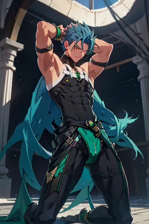 Tied up　masterpiece　male　Kneel　Raised arms　Embarrassing　Emerald Hair　Swimwear　Blue Hair　tights　back　Yellow Eyes　suffer　regrettable