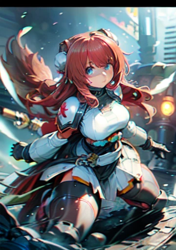 Masterpiece, intricate, anime style, full body, 1girl, warhammer 40k style, white scars, space marine feature, white scars emblem, white power armor, (bun, long hair, :1.25), beard, REST, Sword, sword in hand, action, rakkun, racoon ears, 1tail, fluffy tail, brown and light brown ringed tail, red and blue eyes blurred, short hair, red inner hair, brown hair, a strand of hair on the left side, red hair strips, cybernetic body, mecha arms, mecha legs, mechanical arms, mechanical legs, short black shirt uncovered on the shoulders and with a black mesh with black borders up to the collar, polo shirt, short black skitr whit dark red checkered, black belt around the waist, looking at viewer, best quality, 4k,highres, professional art, professional drawing, professional lineart, outlined markers, 