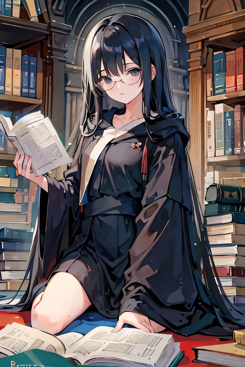 Black hair, black robe, glasses, a long-haired girl, books