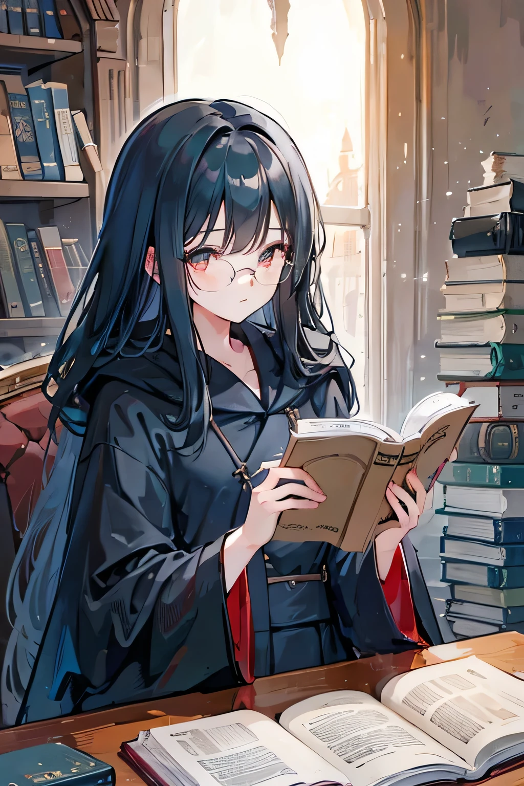 Black hair, black robe, glasses, a long-haired girl, books