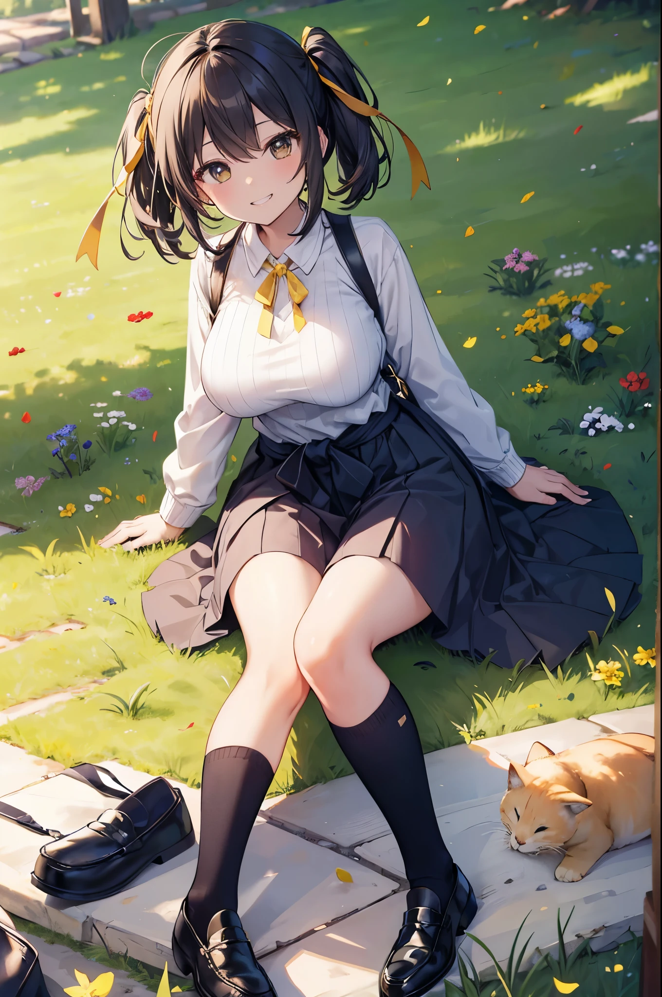 masterpiece,highest quality,Best Shadow,Dynamic Angle,Depth of written boundary,One girl,wariza,,Yellow ribbon,Sweater around the waist,smile,Grin, Big Breasts,View Viewer,loafers,Black socks, 牧Grass地で,sunlight,Grass,