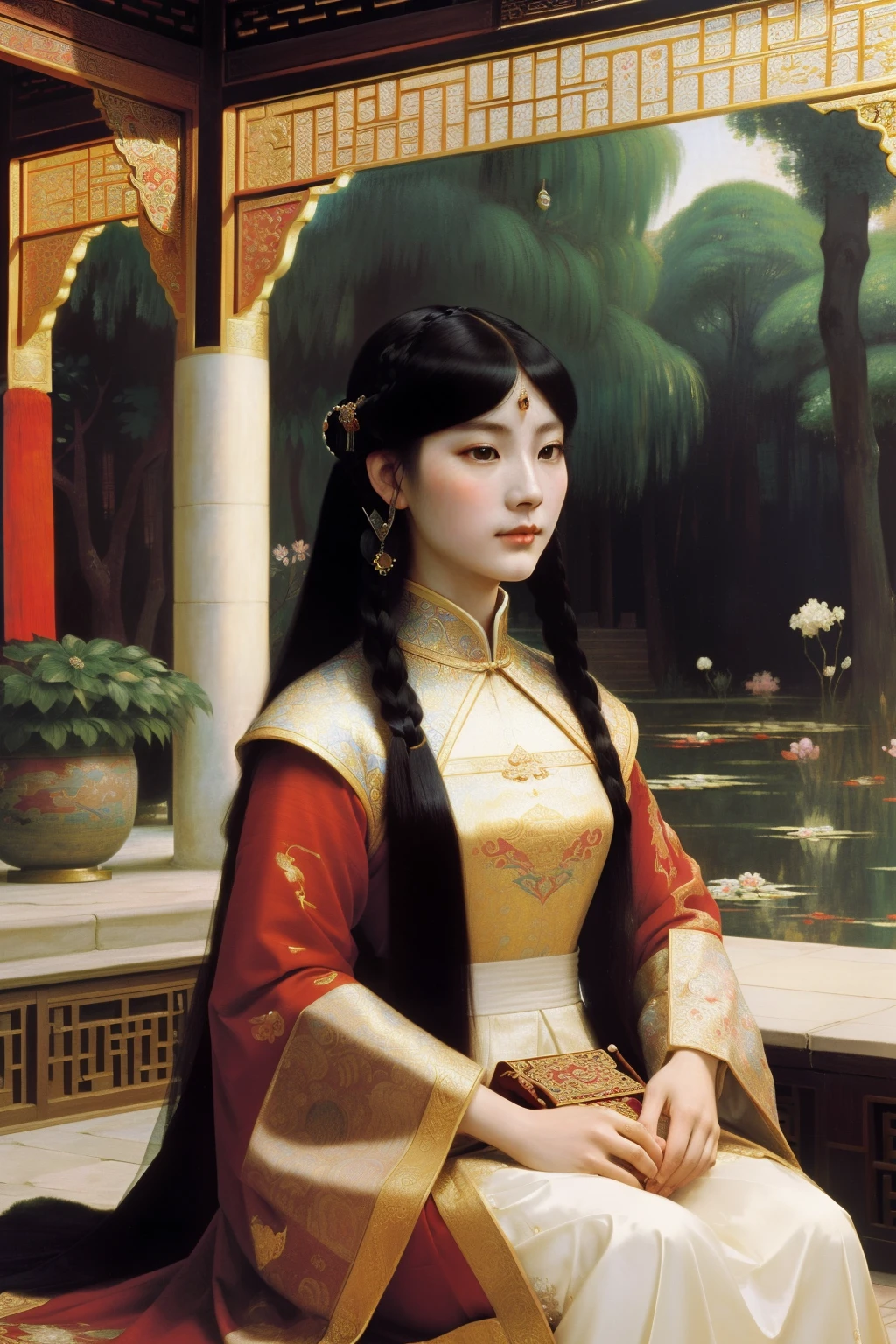 China, 1491. A young ((Zhang Empress)), elegant, majestic, in a bright and clear luxurious palace, mosaic, glass, jewels, ((((chinese royal clothings from the 1490s)))), ((hairstyle of the 1490s)), ((colorful, John William Waterhouse, Monet))