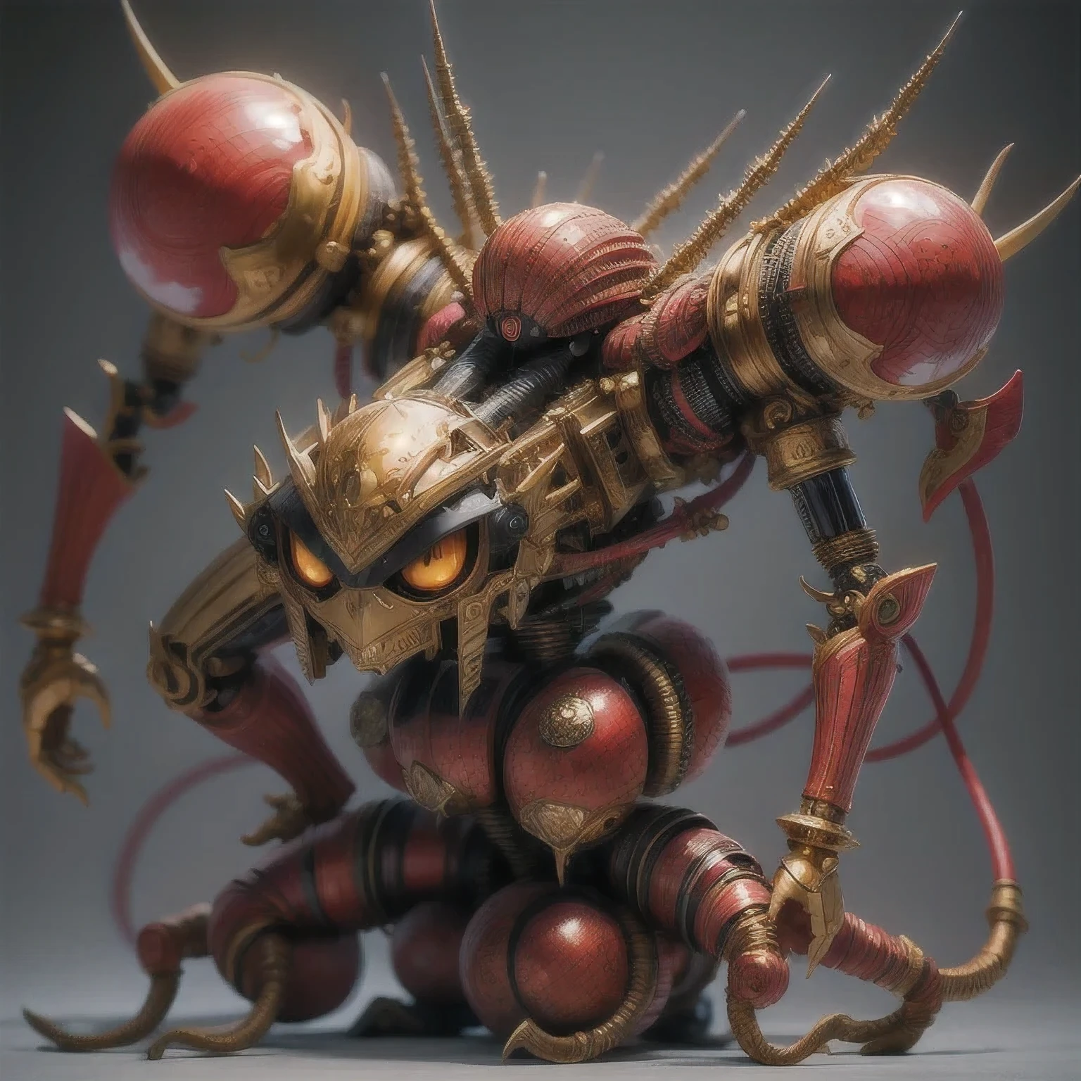 a close up of a golden spider with a 紫粉白 body and legs, steampunk spider, Mechanical spider red and white legs, arachnid, lolth, arachne, spider, steampunk robot scorpion, highly detailed barlowe 8 k, Bright orange legs large, sculpture made of gold, by Hiroyuki Tajima, full samurai armor spiderman, giger spider joker, insectoid,(((Degenerator )))